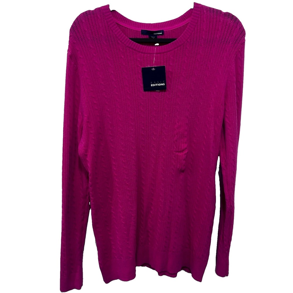 Basic Edition Women Pink Crewneck Cable Pullover Sweater XL NWT